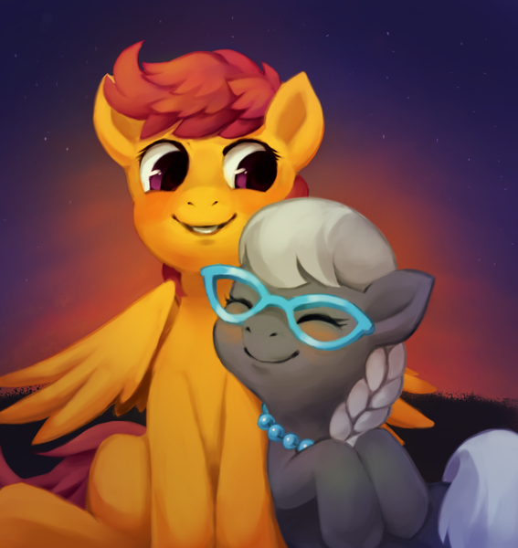 Size: 850x900 | Tagged: artist:cuppae, blushing, derpibooru import, eyes closed, female, glasses, lesbian, proud, safe, scootaloo, shipping, silver spoon, sitting, smiling, snuggling, spoonaloo