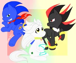 Size: 1500x1240 | Tagged: safe, artist:segamew, derpibooru import, ponified, pony, :c, bracelet, clothes, frown, glare, grin, jewelry, lidded eyes, looking back, raised hoof, scarf, shadow, shadow the hedgehog, silver the hedgehog, sitting, smirk, sonic the hedgehog, sonic the hedgehog (series)