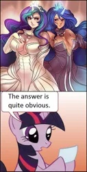 Size: 413x811 | Tagged: artist:maniacpaint, breasts, busty princess celestia, busty princess luna, clopping meme, curvy, derpibooru import, exploitable meme, female, horned humanization, human, humanized, lesbian, princess celestia, princess luna, royal sisters, safe, shipping, twilestia, twilight sparkle, twiluna