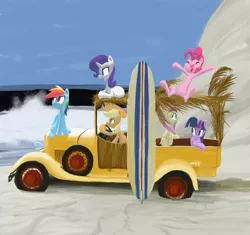 Size: 1071x1008 | Tagged: applejack, artist:aliasforrent, beach, derpibooru import, fluttershy, mane six, pinkie pie, rainbow dash, rarity, safe, sand, surfboard, twilight sparkle