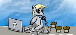 Size: 1920x894 | Tagged: safe, artist:freefox, derpibooru import, derpy hooves, pegasus, pony, female, interview, mare, microphone, muffin, qa, solo