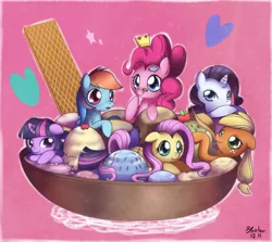 Size: 1300x1160 | Tagged: applejack, artist:solar-slash, cute, derpibooru import, fluttershy, food, ice cream, mane six, pinkie pie, rainbow dash, rarity, safe, sprinkles, tiny, tiny ponies, twilight sparkle