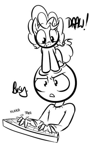 Size: 392x613 | Tagged: safe, artist:shoutingisfun, derpibooru import, pinkie pie, human, pony, behaving like a cat, computer, drawing, monochrome, tulpa