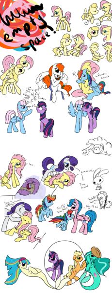 Size: 972x2524 | Tagged: safe, artist:otterlore, derpibooru import, angel bunny, applejack, firefly, fluttershy, lofty, paradise, pinkie pie, rainbow dash, rarity, twilight sparkle, wind whistler, hippocampus, merpony, g1, female, flarity, flutterdash, g1 to g4, generation leap, kissing, lesbian, shipping