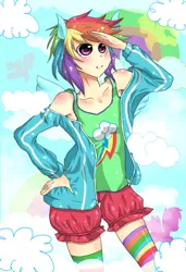 Size: 512x750 | Tagged: artist:imara000, cloud, cloudy, derpibooru import, eared humanization, humanized, rainbow dash, safe, solo, winged humanization