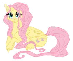 Size: 800x669 | Tagged: artist:deepfriedrainbows, chest fluff, derpibooru import, fluttershy, long hair, long mane, long tail, looking at you, prone, safe, simple background, solo, unshorn fetlocks