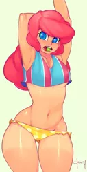 Size: 396x778 | Tagged: arm behind head, armpits, artist:doxy, belly button, breasts, clothes, derpibooru import, female, human, humanized, impossibly wide hips, light skin, midriff, open mouth, pinkie pie, simple background, solo, solo female, suggestive, swimsuit, wide hips