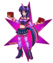 Size: 800x945 | Tagged: artist:bluc, belly button, book, clothes, derpibooru import, eared humanization, horned humanization, humanized, midriff, safe, simple background, skirt, solo, stars, stockings, tailed humanization, twilight sparkle