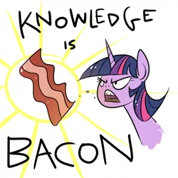 Size: 600x600 | Tagged: safe, artist:nastylady, derpibooru import, twilight sparkle, bacon, meme, solo, text