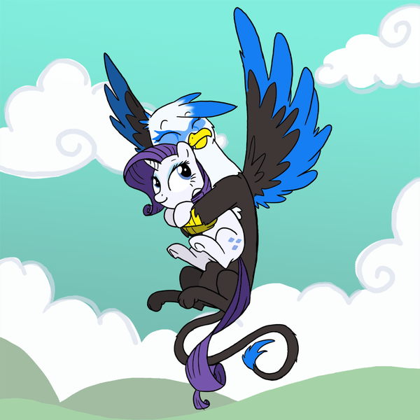 Size: 1000x1000 | Tagged: safe, artist:professor-ponyarity, derpibooru import, rarity, oc, gryphon, hug