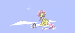 Size: 1000x450 | Tagged: angel bunny, artist:ratchatter, clothes, derpibooru import, fluttershy, safe, scarf, snow, snowfall