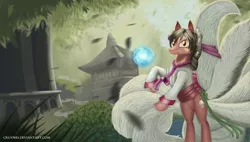 Size: 1024x583 | Tagged: safe, artist:crux9011, derpibooru import, ponified, pony, ahri, kitsune, league of legends, pagoda