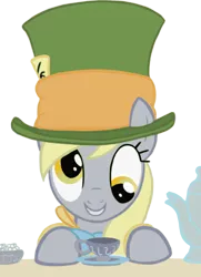 Size: 600x831 | Tagged: safe, artist:assiel, derpibooru import, derpy hooves, pegasus, pony, alice in wonderland, female, hat, mad hatter, mare, solo, tea, teacup