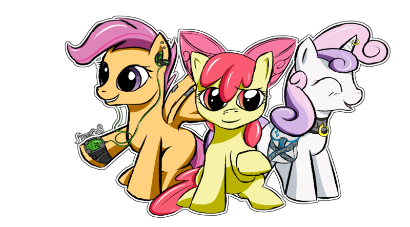 Size: 1920x1064 | Tagged: safe, artist:freefox, derpibooru import, apple bloom, scootaloo, sweetie belle, pony, cutie mark crusaders, ear piercing, horn piercing, piercing