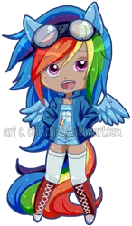 Size: 527x900 | Tagged: artist:chibichise, converse, derpibooru import, eared humanization, goggles, humanized, rainbow dash, safe, shoes, simple background, solo, tailed humanization, winged humanization