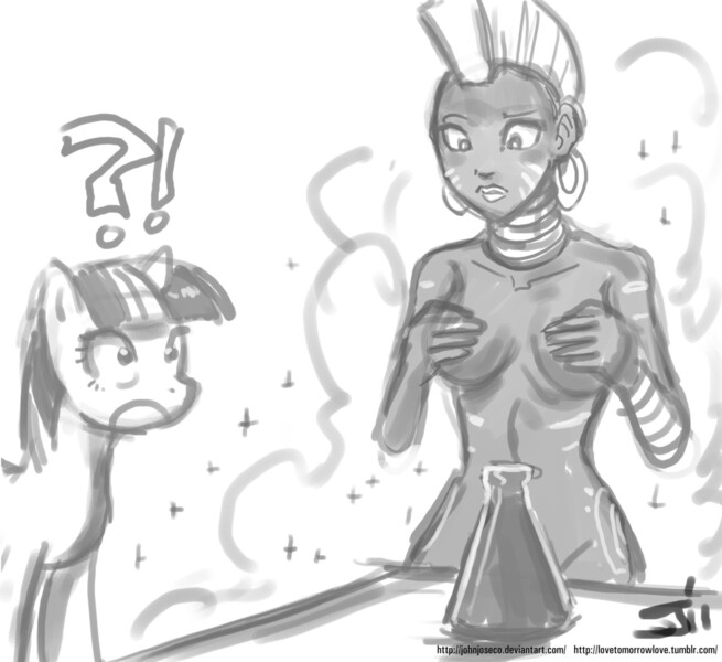 Size: 1280x1173 | Tagged: source needed, suggestive, artist:johnjoseco, derpibooru import, twilight sparkle, zecora, human, pony, unicorn, breasts, covering, cutie mark on human, exclamation point, female, grayscale, humanized, interrobang, magic fail, monochrome, nudity, potion, question mark, simple background, spell gone wrong, transformation, white background