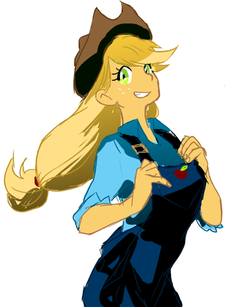 Size: 531x700 | Tagged: applejack, artist:spacedrunk, derpibooru import, humanized, overalls, safe, simple background, solo