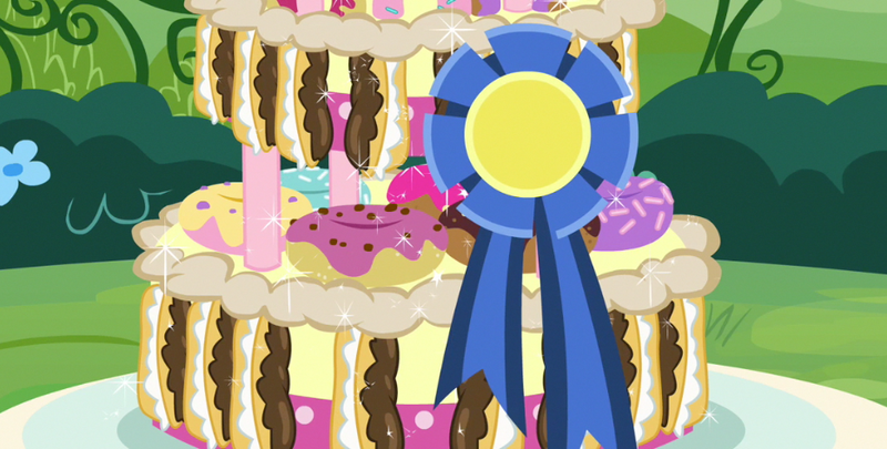 Size: 934x473 | Tagged: blue ribbon, cake, derpibooru import, donut, eclair, mmmystery on the friendship express, ribbon, safe, screencap