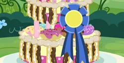 Size: 934x473 | Tagged: blue ribbon, cake, derpibooru import, donut, eclair, mmmystery on the friendship express, ribbon, safe, screencap