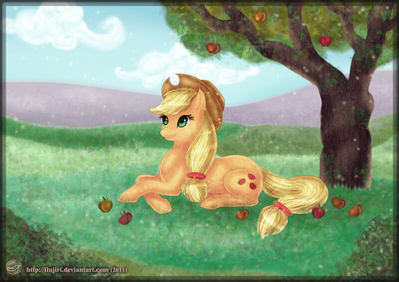 Size: 1024x725 | Tagged: safe, artist:ilujiri, derpibooru import, applejack, apple, prone, solo, tree