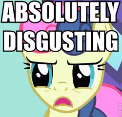 Size: 465x447 | Tagged: safe, derpibooru import, bon bon, sweetie drops, earth pony, pony, absolutely disgusting, bon bon is not amused, female, image macro, mare, meme, open mouth, reaction image, solo, text