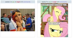 Size: 533x281 | Tagged: safe, derpibooru import, fluttershy, rainbow dash, human, cosplay, exploitable meme, irl, irl human, juxtaposition, juxtaposition win, photo