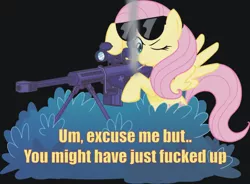 Size: 700x516 | Tagged: safe, artist:maishida, derpibooru import, fluttershy, pegasus, pony, barrett, bipedal, bush, female, flutterbadass, gun, hooves, image macro, m82a3, mare, one eye closed, optical sight, rifle, smoking, sniper, sniper rifle, snipershy, solo, spread wings, sunglasses, text, vulgar, weapon, wings