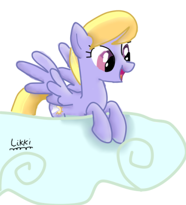 Size: 376x413 | Tagged: dead source, safe, artist:ilikki, derpibooru import, cloud kicker, pegasus, pony, cloud, female, mare, signature, simple background, smiling, solo, spread wings, white background, wings