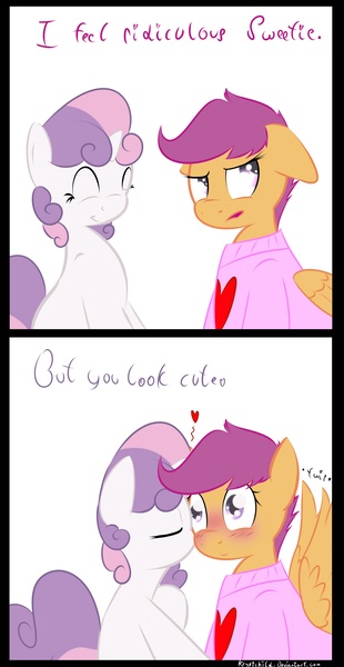 Size: 1600x3100 | Tagged: artist:kryptchild, blushing, clothes, comic, derpibooru import, female, kissing, lesbian, safe, scootabelle, scootaloo, shipping, sweater, sweetie belle, wingboner