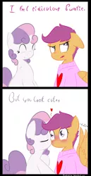 Size: 1600x3100 | Tagged: artist:kryptchild, blushing, clothes, comic, derpibooru import, female, kissing, lesbian, safe, scootabelle, scootaloo, shipping, sweater, sweetie belle, wingboner
