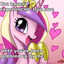 Size: 403x403 | Tagged: artist:johnjoseco, derpibooru import, edit, heart, image macro, implied vore, pretty princess, princess cadance, source needed, suggestive