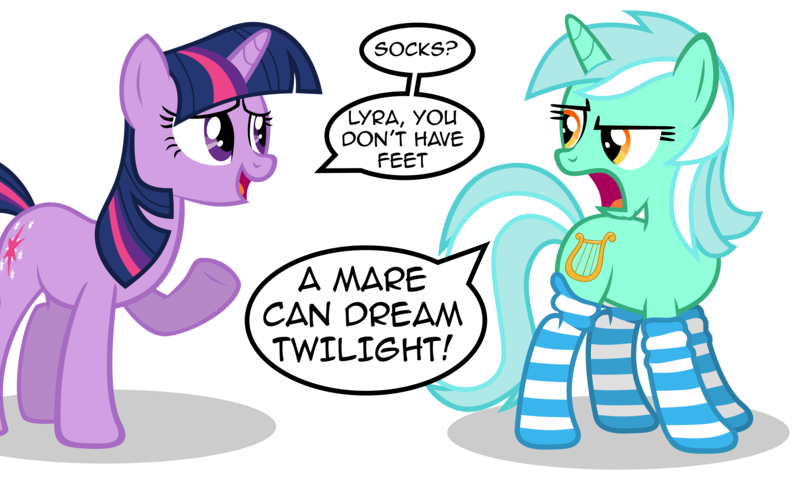 Size: 7744x4642 | Tagged: absurd resolution, artist:austiniousi, clothes, derpibooru import, dialogue, exclamation point, feet, fetish, implied foot fetish, leg fetish, lyra heartstrings, mlp forum, open mouth, question mark, raised hoof, safe, simple background, smiling, socks, speech bubble, striped socks, transparent background, twilight sparkle, unamused, underhoof, vector