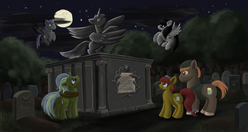 Size: 7087x3780 | Tagged: safe, artist:chari-san, derpibooru import, oc, oc:cold pint, oc:crescent blackwing, oc:crystal vial, oc:memento maury, oc:tankard, unofficial characters only, earth pony, pegasus, pony, unicorn, fanfic, cemetery, fanfic art, female, flying, full moon, gravestone, hooves, horn, male, mare, moon, night, night sky, sky, spread wings, stallion, stars, statue, tree, wings