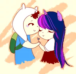Size: 1024x1005 | Tagged: safe, artist:paipuru, derpibooru import, twilight sparkle, adventure time, crossover, crossover shipping, eared humanization, eyes closed, heart, holding hands, horned humanization, humanized, shipping