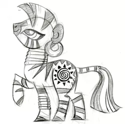 Size: 1104x1100 | Tagged: safe, artist:lauren faust, derpibooru import, zecora, zebra, behind the scenes, color me, concept art, ear piercing, earring, female, jewelry, leg rings, mare, monochrome, neck rings, piercing, raised hoof, sketch, solo, what could have been