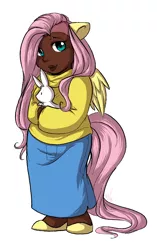 Size: 726x1158 | Tagged: angel bunny, artist:collaredginger, clothes, derpibooru import, eared humanization, fluttershy, humanized, safe, simple background, skirt, tailed humanization, undercut, winged humanization