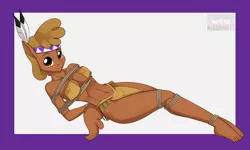 Size: 1280x768 | Tagged: anthro, artist:kloudmutt, barefoot, belly button, bikini, blushing, bondage, breast bondage, breasts, busty little strongheart, clothes, derpibooru import, feet, female, little strongheart, loincloth, midriff, plantigrade anthro, rope, solo, solo female, suggestive, swimsuit, tied up