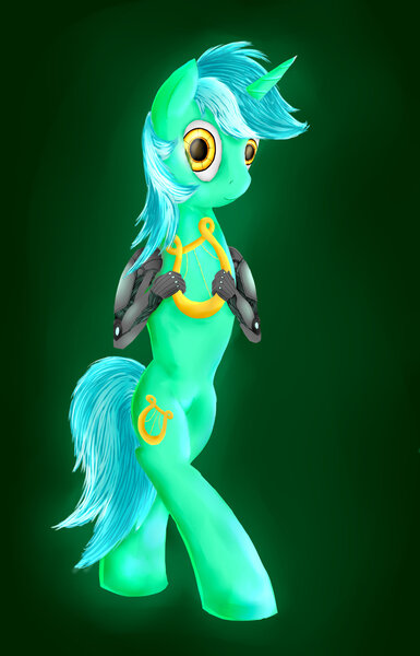 Size: 1280x1997 | Tagged: safe, artist:rainbodah, derpibooru import, lyra heartstrings, pony, amputee, artificial hands, augmented, bipedal, hand, i never asked for this, implied amputation, solo