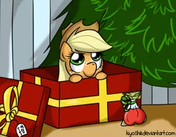 Size: 624x490 | Tagged: safe, artist:kiyoshiii, derpibooru import, applejack, pony, box, christmas, christmas tree, pony in a box, present, solo, tree