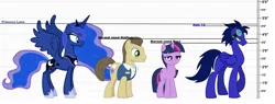 Size: 4000x1516 | Tagged: safe, artist:alexandru1208, derpibooru import, davenport, princess luna, twilight sparkle, oc, pegasus, pony, comparison, goggles, height, reference sheet, size chart, size comparison, smiling, spread wings