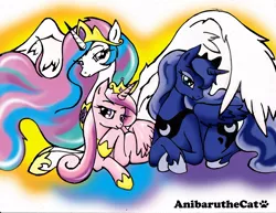 Size: 1000x773 | Tagged: artist:anibaruthecat, derpibooru import, princess cadance, princess celestia, princess luna, prone, safe