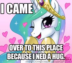 Size: 800x695 | Tagged: artist:johnjoseco, bait and switch, bronybait, derpibooru import, heart, i came, image macro, implied hug, looking at you, misspelling, open mouth, paraprosdokian, pretty princess, princess celestia, safe, smiling, wink