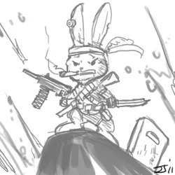 Size: 1280x1280 | Tagged: angel bunny, animal, artist:johnjoseco, badass, crossover, derpibooru import, grayscale, gun, monochrome, rabbit, safe, smoking, solo, weapon