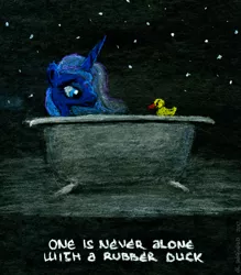 Size: 500x572 | Tagged: safe, artist:el-yeguero, derpibooru import, princess luna, alicorn, pony, bath, bathtub, claw foot bathtub, female, hitchhiker's guide to the galaxy, mare, quote, rubber duck, text