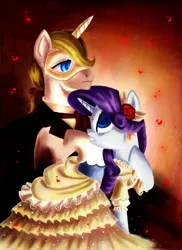 Size: 874x1200 | Tagged: safe, artist:whitestar1802, derpibooru import, prince blueblood, rarity, pony, unicorn, clothes, dress, duo, female, flower, flower in hair, male, mare, mask, phantom of the opera, stallion