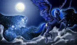 Size: 4500x2667 | Tagged: artist:laffy-taffy247, cloud, cloudy, derpibooru import, flying, horse, moon, night, princess luna, realistic, safe, solo