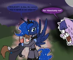 Size: 1214x1000 | Tagged: suggestive, artist:professor-ponyarity, derpibooru import, princess luna, twilight sparkle, oc, anthro, canon x oc, clothes, heart, nosebleed, uniform