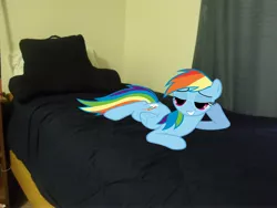 Size: 3648x2736 | Tagged: suggestive, artist:lopezak, derpibooru import, rainbow dash, pony, bed, bedroom eyes, irl, photo, ponies in real life, smiling, vector