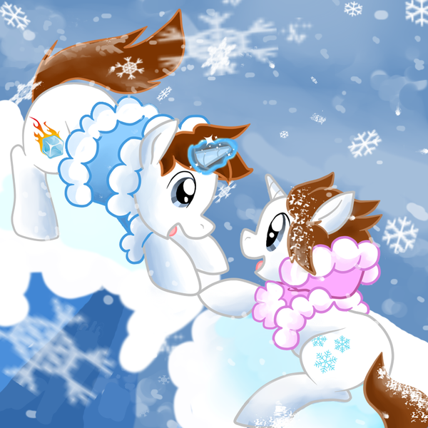 Size: 900x900 | Tagged: artist:perfectpinkwater, climbing, derpibooru import, ice, ice climbers, ice climbing, magic, nana, nintendo, parka, ponified, popo, safe, snow, snowfall