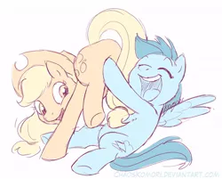 Size: 600x482 | Tagged: safe, artist:chaoskomori, derpibooru import, applejack, rainbow dash, appledash, female, lesbian, shipping, tickling